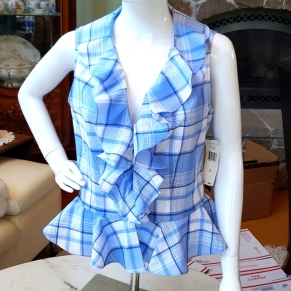 NWT Ralph Lauren lite blue plaid peplum blouse 8 - Picture 10 of 11